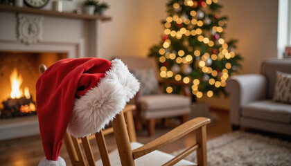 Obraz premium Red Santa hat hanging on wooden chair by cozy fireplace and Christmas tree 