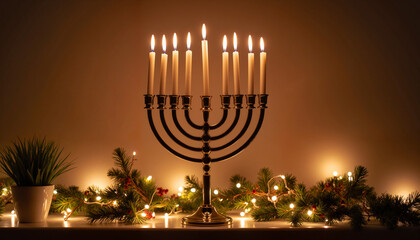 Menorah with lit candles and greenery for Hanukkah celebration  
