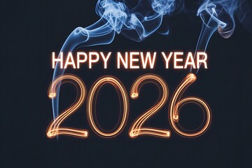 Happy New Year 2026 glowing neon text with vibrant smoke effect on dark background