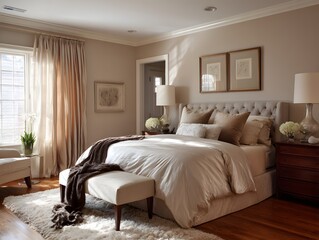 Elegant bedroom with neutral walls, uncluttered nightstands