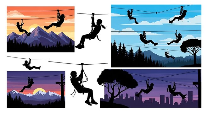 Silhouette of People Ziplining in Various Outdoor Scenarios.