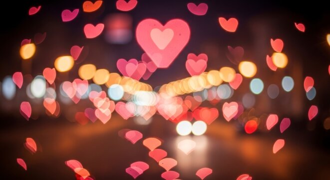 Luminous Heart-Shaped Bokeh Floating Over a Romantic Night Drive - Powered by Adobe