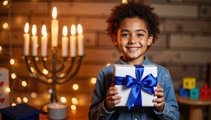 Happy young boy holding a gift box with blue ribbon by candlelight  