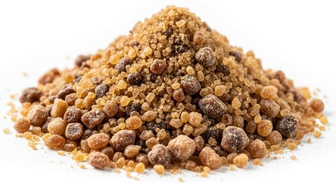 A close-up view of a pile of diversely textured, light-brown and dark-brown granular substances, showcasing varied crystal formations and a natural, organic appearance.
