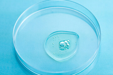 Shoulder view of serum oil bubbles in clear petri dish on blue background. 