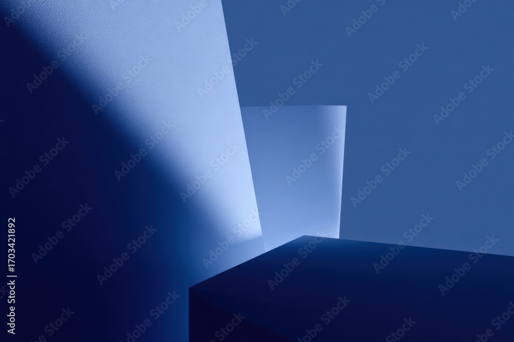 Poster abstract minimalist architecture with blue tones and geometric shapes creating light and shadow effe