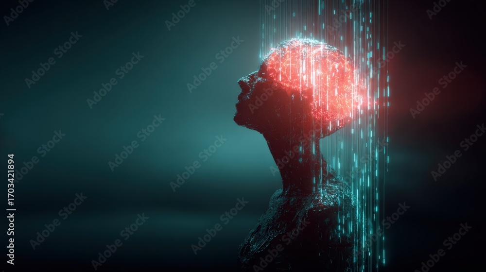 Poster artificial intelligence neural network concept with glowing silhouette and digital data stream, repr