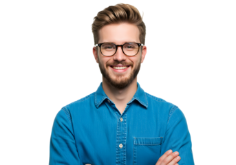 Handsome young man with glasses and beard, smiling confidently, arms crossed on white background