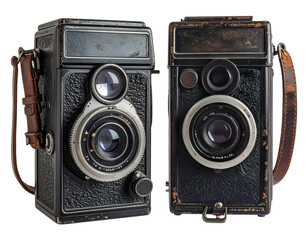 Two vintage twin-lens reflex cameras, side-by-side, showing aged black bodies and  brown leather straps.  Each has a large lens and a textured surface