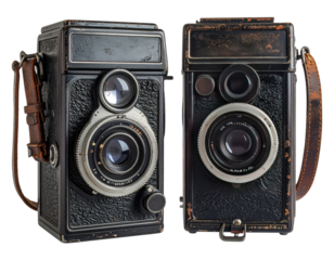 Two vintage twin-lens reflex cameras, side-by-side, showing aged black bodies and  brown leather straps.  Each has a large lens and a textured surface