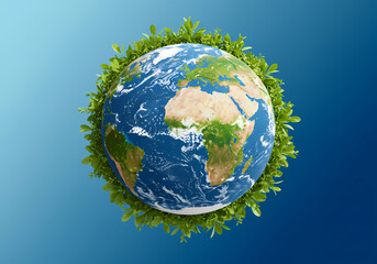 Naklejka premium Conceptual image of the Earth globe wrapped in green leaves, representing ecology, nature conservation, and a sustainable future for our planet
