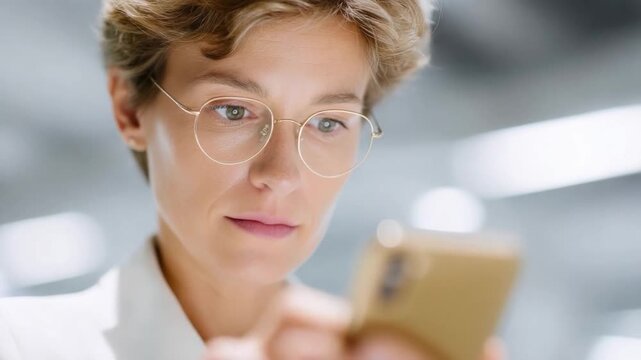 This video showcases a businesswoman engaged in her smartphone. It highlights her concentration and the relationship between technology and work. Generative AI