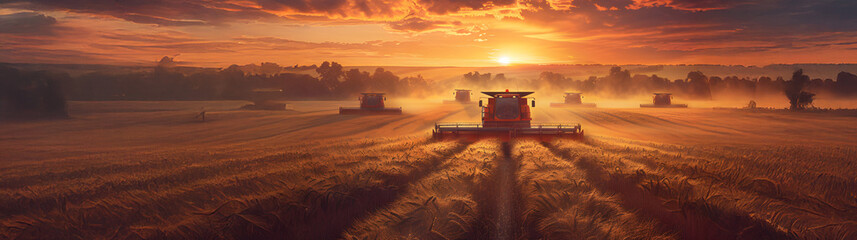 Fototapeta premium Group of harvesters harvesting ripe wheat field in autumn with sunset. Concept of agriculture, agronomy and crop collection.
