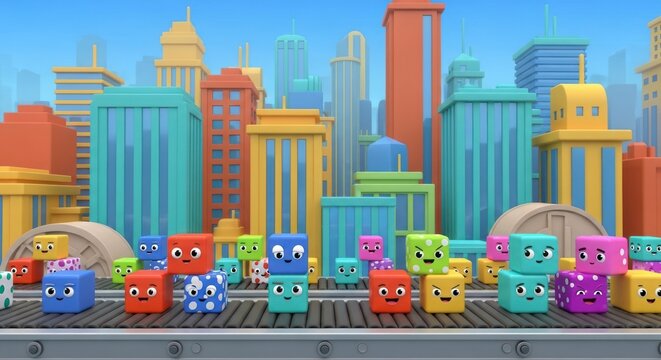 A Vibrant Assembly Line of Cute, Expressive Dice in a Stylized Cityscape
