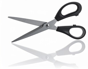 Fototapeta premium Sharp Steel Scissors with Black Handles Open on a Reflective White Surface