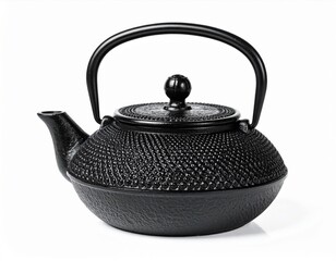 Close up of Black Cast Iron Teapot with Textured Surface on White Background