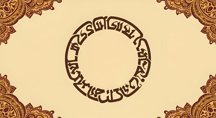 Spiritual Islamic art featuring the Shahada in circular Arabic calligraphy, framed by intricate golden ornamental patterns