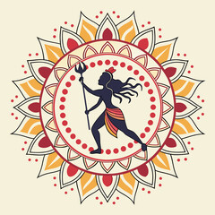 Silhouette of a woman with a trident in a circular floral design
