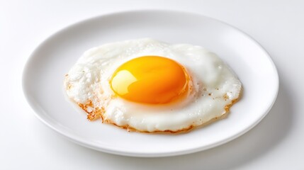 Fried Egg on White Plate - Sunny Side Up Breakfast Food Photography Close Up