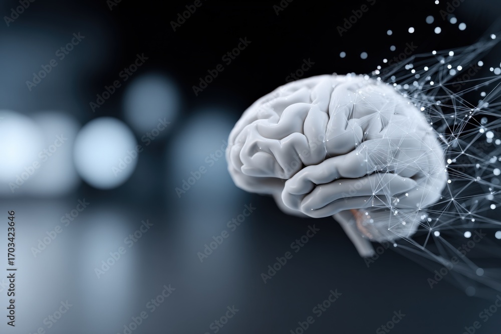 Poster human brain model with neural network connections: highlighting artificial intelligence and neurosci