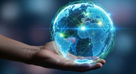 A digital representation of the world, held in a hand, showcasing global connectivity and technology.