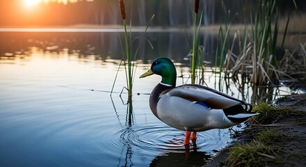 Obraz premium Mallard Duck at Sunset Lakeside.