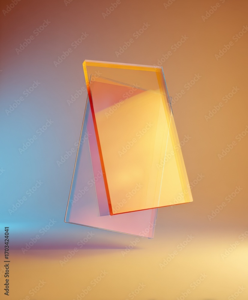 Poster abstract glass plates stacked with blue and orange gradient, modern design displaying colorful refle