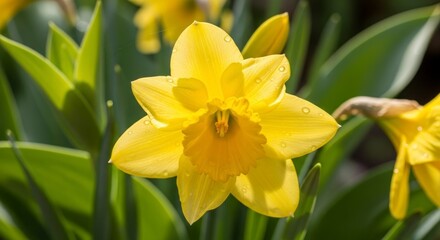 Obraz premium Vibrant yellow daffodils with dew drops, showcasing the beauty of spring.
