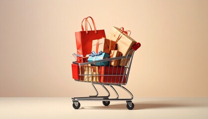 Miniature shopping cart filled with colorful gift bags and wrapped presents, placed against a beige background, symbolizing gifting, celebration, and consumer themes.