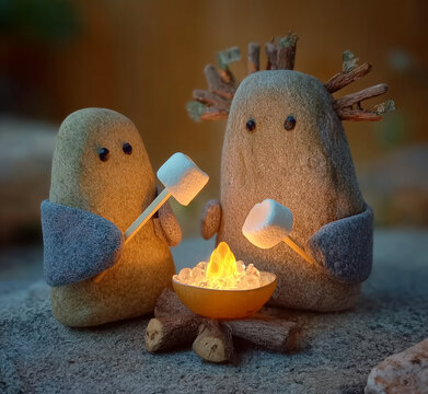 Two Stones Roasting Marshmallows Over a Campfire While Camping