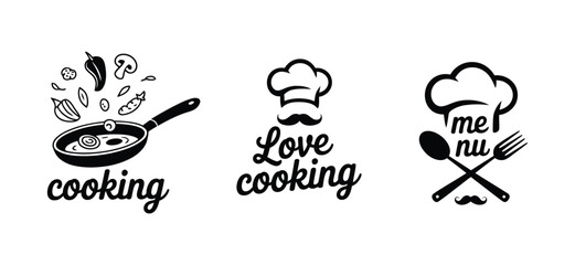 Stylized Black and White Cooking Vector Set ? Chef Hat, Mustache, Frying Pan, Spoon, Fork, and Typography for Culinary Branding, Restaurant Menu Design, and Kitchen Decor