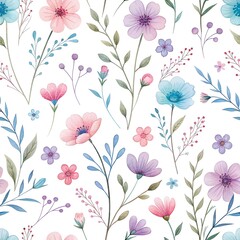 Colorful watercolor seamless floral pattern with wildflowers and leaves