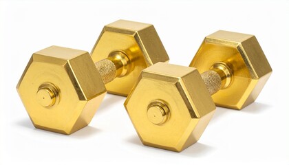 Two golden hexagonal dumbbells with textured grip handles placed side by side on a white background, emphasizing luxury fitness design and metallic contrast.