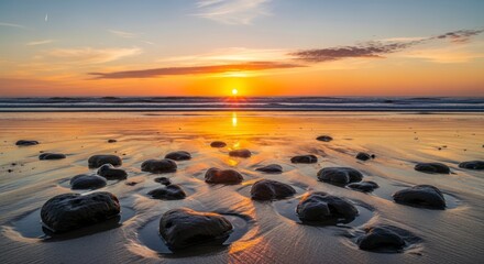 Obraz premium Golden sunset paints the tranquil beach shoreline, showcasing dark stones nestled in the wet sand.