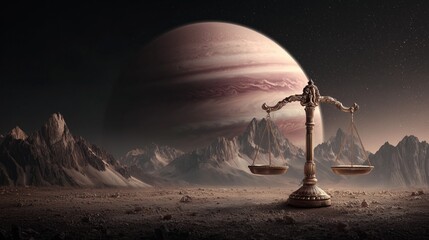 Zodiac sign Libra with cosmic scales against planet background. Concept of astrology, horoscope, balance, harmony, justice, spirituality, mysticism, celestial destiny, cosmic universe symbolism.