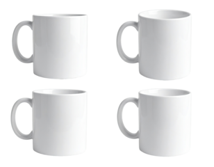 Four identical blank white mugs arranged in a 2x2 grid.  Each mug features a handle and a simple, rounded shape