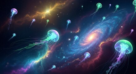 Multicolored jellyfish float through a vibrant cosmic nebula, showcasing a galaxy swirling in the background.