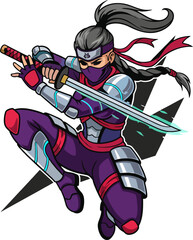 Cyber Armored Female Ninja in Dynamic Jump Attack with Katana Sword Esports Mascot Vector