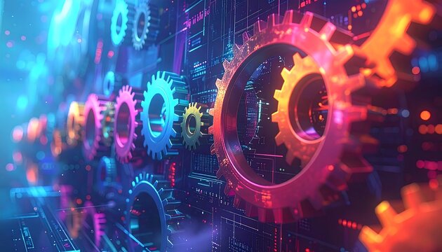 Colorful gears meshing on a circuit board