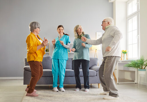 Senior people dance amusement, health care and rehabilitation fun, physical therapist, nurse or sport instructor move to help elderly in active aging, fitness age adapted sport activity for older