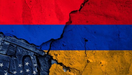 Armenian flag with red, blue, and orange stripes over cracked texture, symbolizing resilience and struggle.