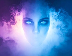 Fototapeta premium Portrait of a Beautiful Woman with Glowing Eyes Surrounded by Blue and Magenta Smoke