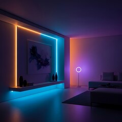 A modern living room bathed in vibrant hues of vibrant blue and orange, featuring accent lighting and a minimalist design.