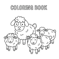 Obraz premium Black and white coloring book illustration of a cute fluffy sheep family with four lambs standing together