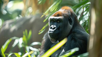 Fototapeta premium A gorilla sitting in a lush green forest with its arms crossed, looking off into the distance.