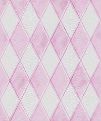 Watercolor seamless background of pastel pink argyle pattern with soft textured diamonds