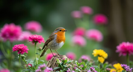 European Robin perched on a tree stump amidst vibrant pink and yellow flowers in a serene garden setting
