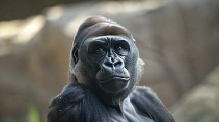 A gorilla sitting in a naturalistic setting with a blurred background.