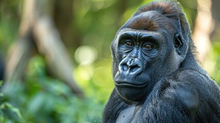 Fototapeta premium A gorilla sitting in the forest with a blurred background.