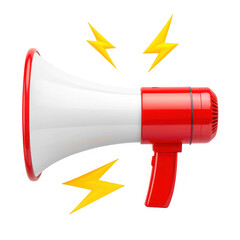 Bright red and white megaphone radiating sound waves boldly amplifying messages